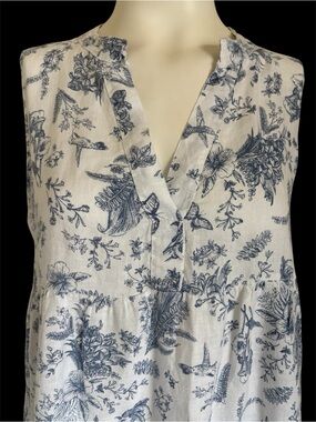 Rosemarine Italy tiered linen dress blue white floral hummingbird print Medium